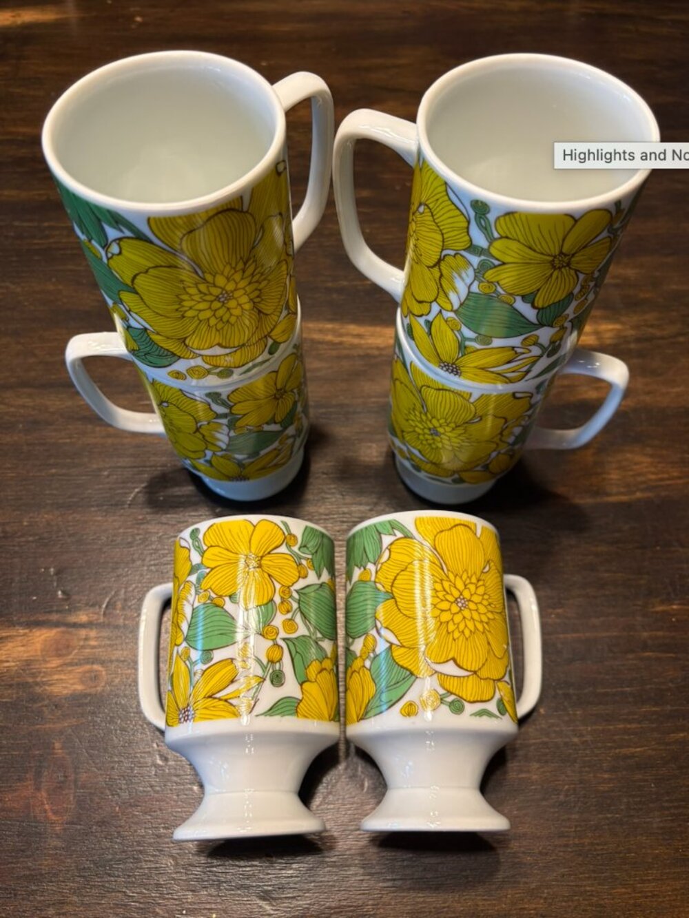 Vintage 1970s Goodwood Japan Yellow Floral Pedestal Mugs
